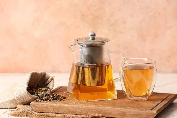 Teapot Hot Tea Glass Dry Leaves Table — Stock Photo, Image
