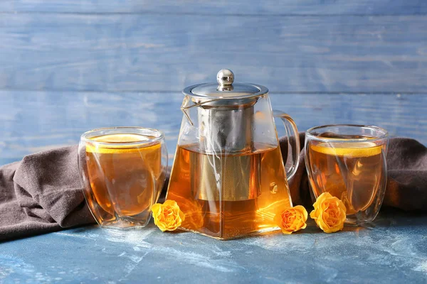 Teapot Hot Tea Glasses Flowers Color Background — Stock Photo, Image