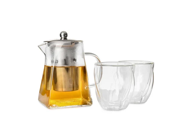 Teapot Hot Tea Glasses White Background — Stock Photo, Image