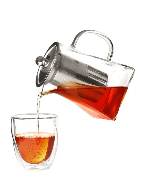 Pouring Hot Tea Teapot Glass White Background — Stock Photo, Image