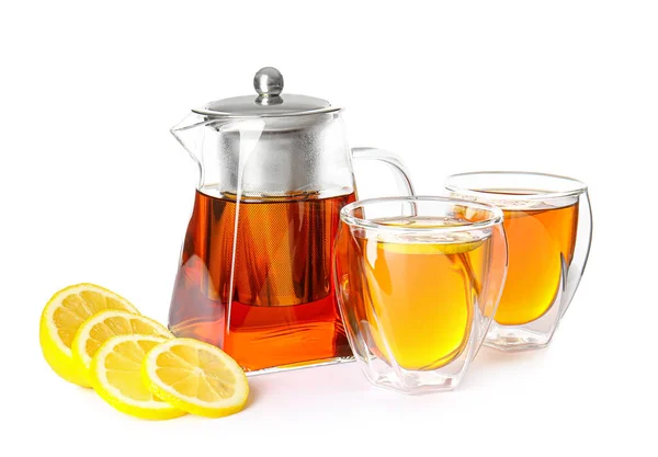 Bule Com Chá Quente Copos Limão Sobre Fundo Branco — Fotografia de Stock