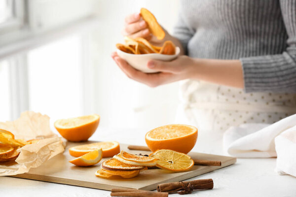 Dried orange slices on light table