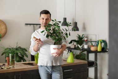 Evdeki bitkilerle ilgilenen genç adam.