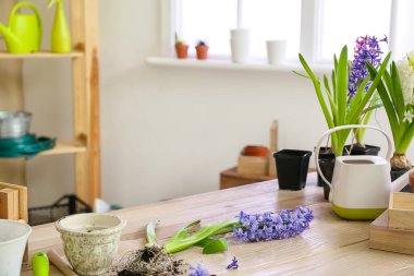 Çiçek açan bitkiler ve bahçe aletleri masada