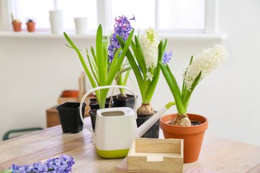 Çiçek açan bitkiler ve bahçe aletleri masada