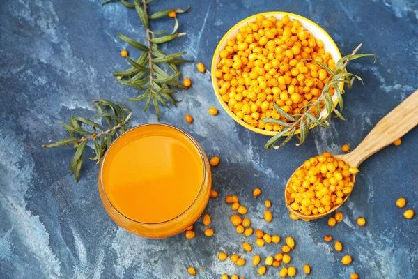 Glass Healthy Sea Buckthorn Juice Color Background — Stock Photo, Image