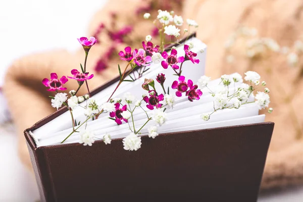 Boka Med Färska Blommor Närbild — Stockfoto