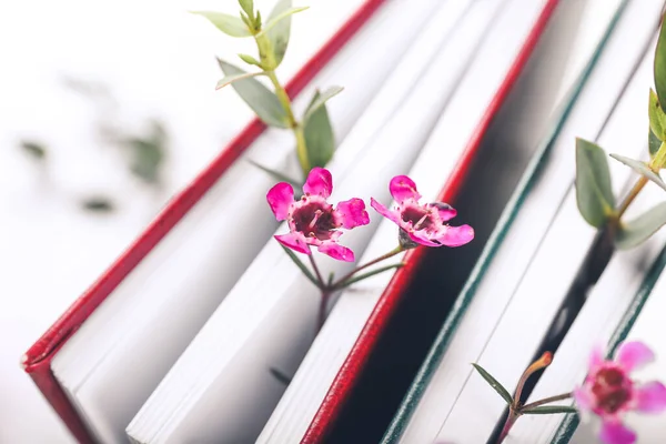 Böcker Med Blommig Inredning Närbild — Stockfoto