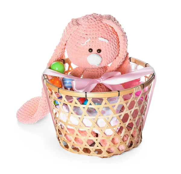 Wicker Basket Gifts Baby White Background — Stock Photo, Image