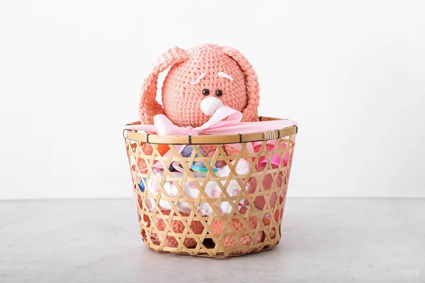 Wicker Basket Gifts Baby Light Background — Stock Photo, Image