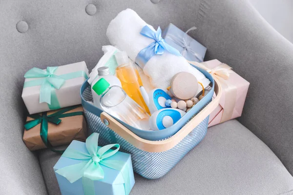 Basket Gifts Baby Armchair Room — Stock Photo, Image