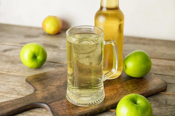 Mug Bottle Cold Apple Cider Wooden Background — Stock Photo, Image
