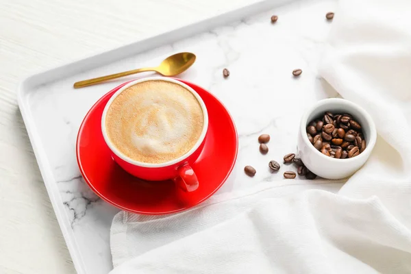 Cup Hot Cappuccino Coffee White Tray — Stock Photo, Image