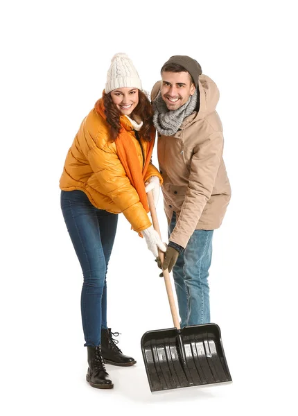 Young Couple Shovel Removing Snow White Background — Stock Photo, Image
