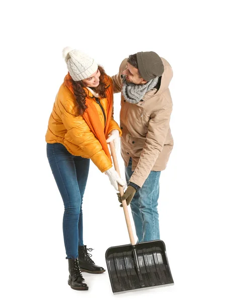 Young Couple Shovel Removing Snow White Background — Stock Photo, Image