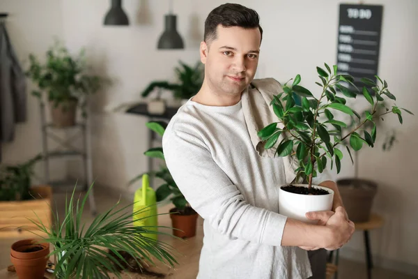 Young Man Taking Care Plants Home — Stock Photo, Image