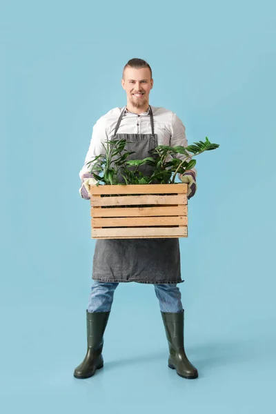 Jovem Jardineiro Masculino Sobre Fundo Cor — Fotografia de Stock