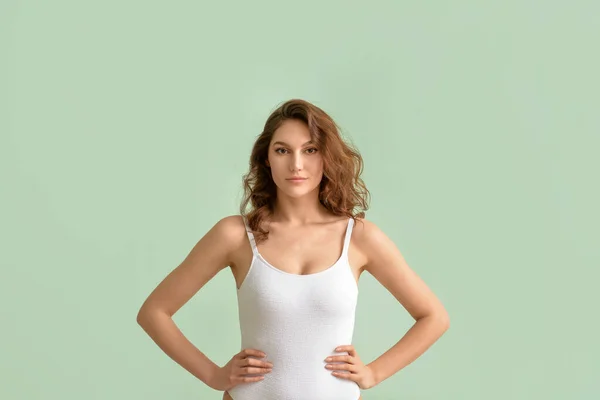 Beautiful Young Woman Swimsuit Color Background — Stock Photo, Image