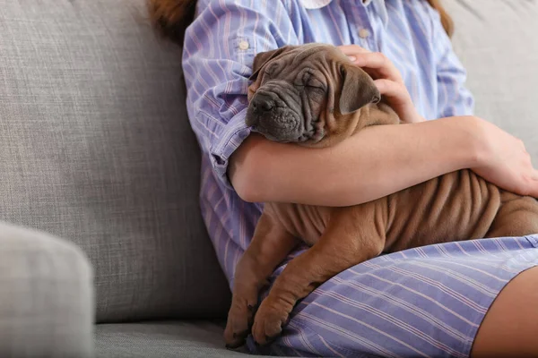 Menina Bonito Com Cachorro Casa — Fotografia de Stock