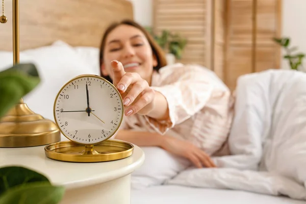Morning Beautiful Young Woman Turning Alarm Clock — Stock Photo, Image