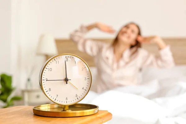 Alarm Clock Table Young Woman Morning — Stock Photo, Image