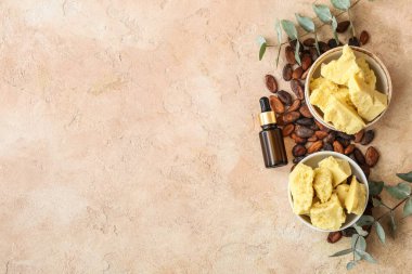 Renkli arkaplanda kakao yağı ve fasulye kompozisyonu