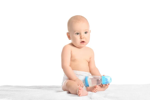 Cute Little Baby Bottle Water White Background — Stock Photo, Image