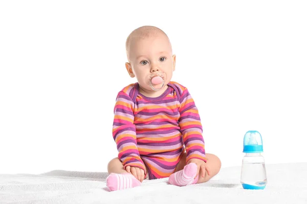 Симпатична Дитина Пляшкою Води Білому Тлі — стокове фото