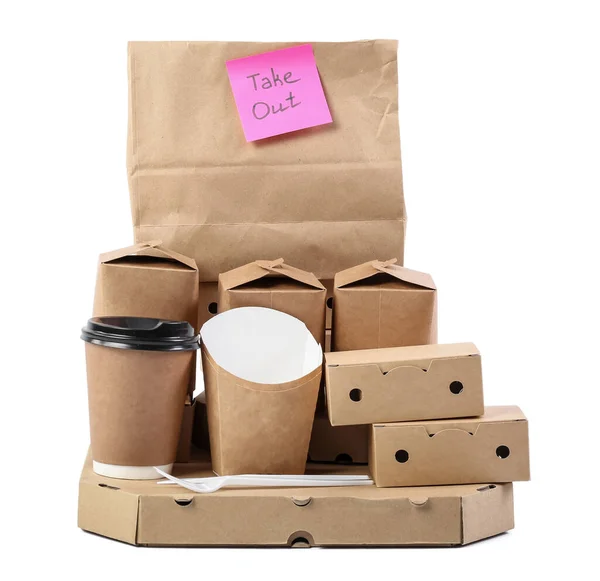 Saco Papel Com Etiqueta Saiba Caixas Para Alimentos Xícara Fundo — Fotografia de Stock
