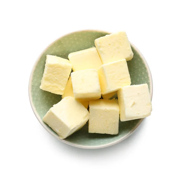 Tigela Com Manteiga Fresca Sobre Fundo Branco — Fotografia de Stock