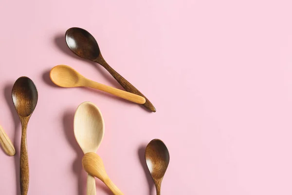 Different Wooden Spoons Color Background — Stock Photo, Image