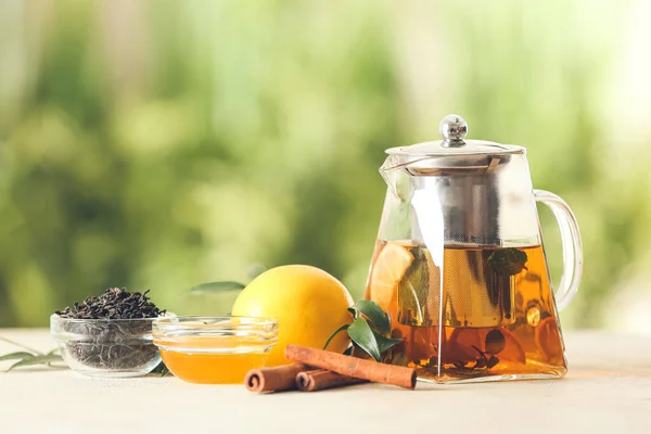 Teapot Glass Tasty Tea Lemon Table Outdoors — Stock Photo, Image