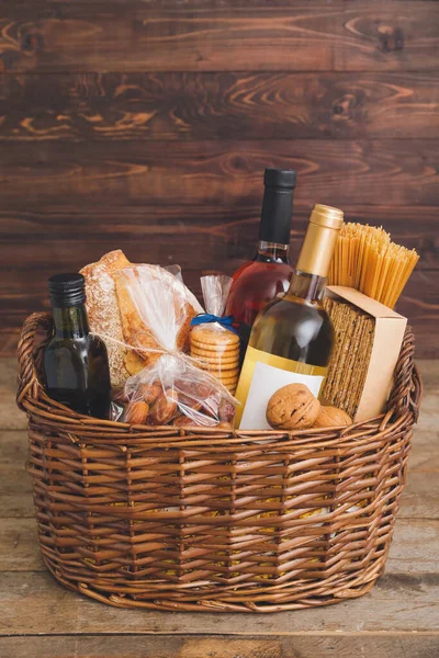 Gift Basket Products Wooden Background — Stock Photo, Image