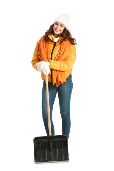 Young Woman Shovel Removing Snow White Background — Stock Photo, Image