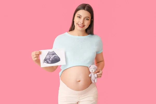 Jeune Femme Enceinte Avec Image Échographie Jouet Sur Fond Couleur — Photo