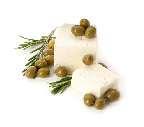 Tasty Feta Cheese Rosemary Olives White Background — Stock Photo, Image