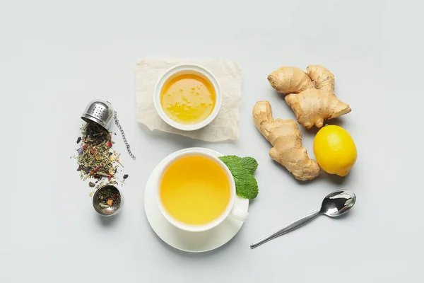 Cup Tea Ginger Honey Lemon Light Background — Stock Photo, Image