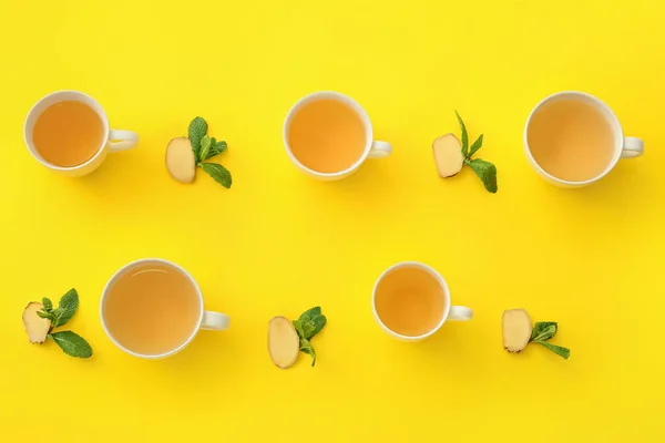 Composition Cups Tea Ginger Mint Color Background — Stock Photo, Image