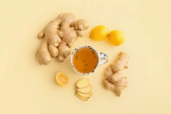 Cup Tea Ginger Lemons Color Background — Stock Photo, Image