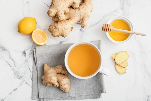 Cup Tea Ginger Honey Lemon Light Background — Stock Photo, Image