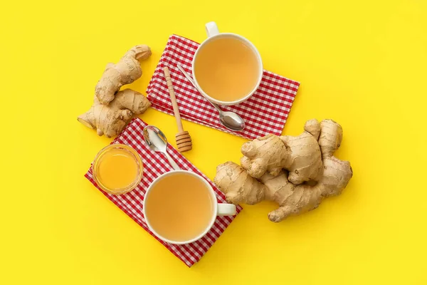 Cups Tea Ginger Honey Color Background — Stock Photo, Image