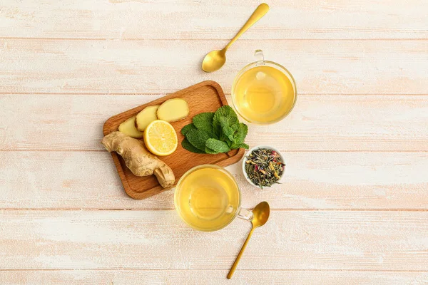 Cups Tea Ginger Mint Lemon Light Wooden Background — Stock Photo, Image