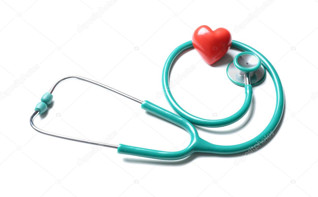 Modern stethoscope and red heart on white background