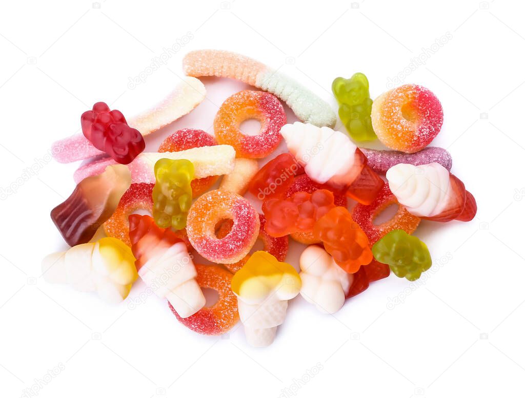 Different jelly candies on white background