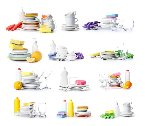 Set Tableware Cleaning Supplies White Background — Stock Photo, Image