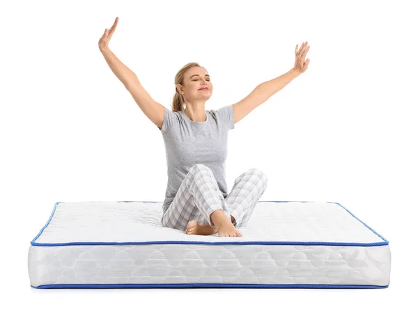 Mature Woman Sitting Soft Mattress White Background — Stock Photo, Image