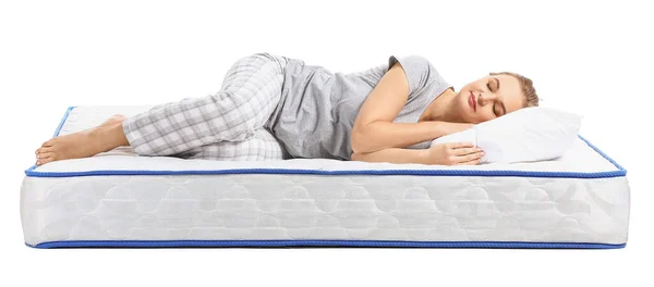 Mature Woman Sleeping Soft Mattress White Background — Stock Photo, Image