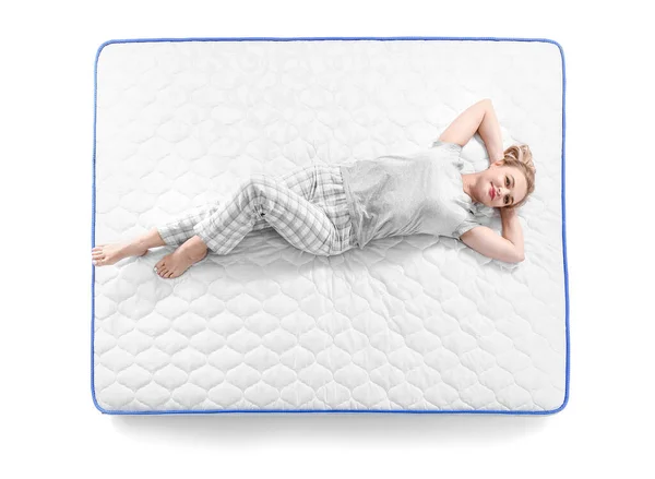 Mature Woman Lying Soft Mattress White Background — Stock Photo, Image