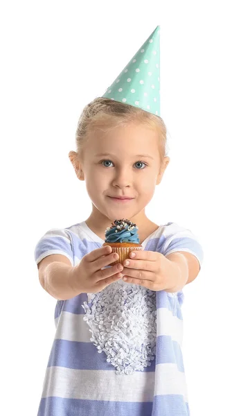 Menina Bonito Com Cupcake Aniversário Fundo Branco — Fotografia de Stock