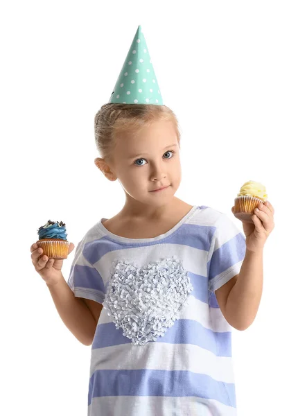 Schattig Klein Meisje Met Verjaardag Cupcakes Witte Achtergrond — Stockfoto